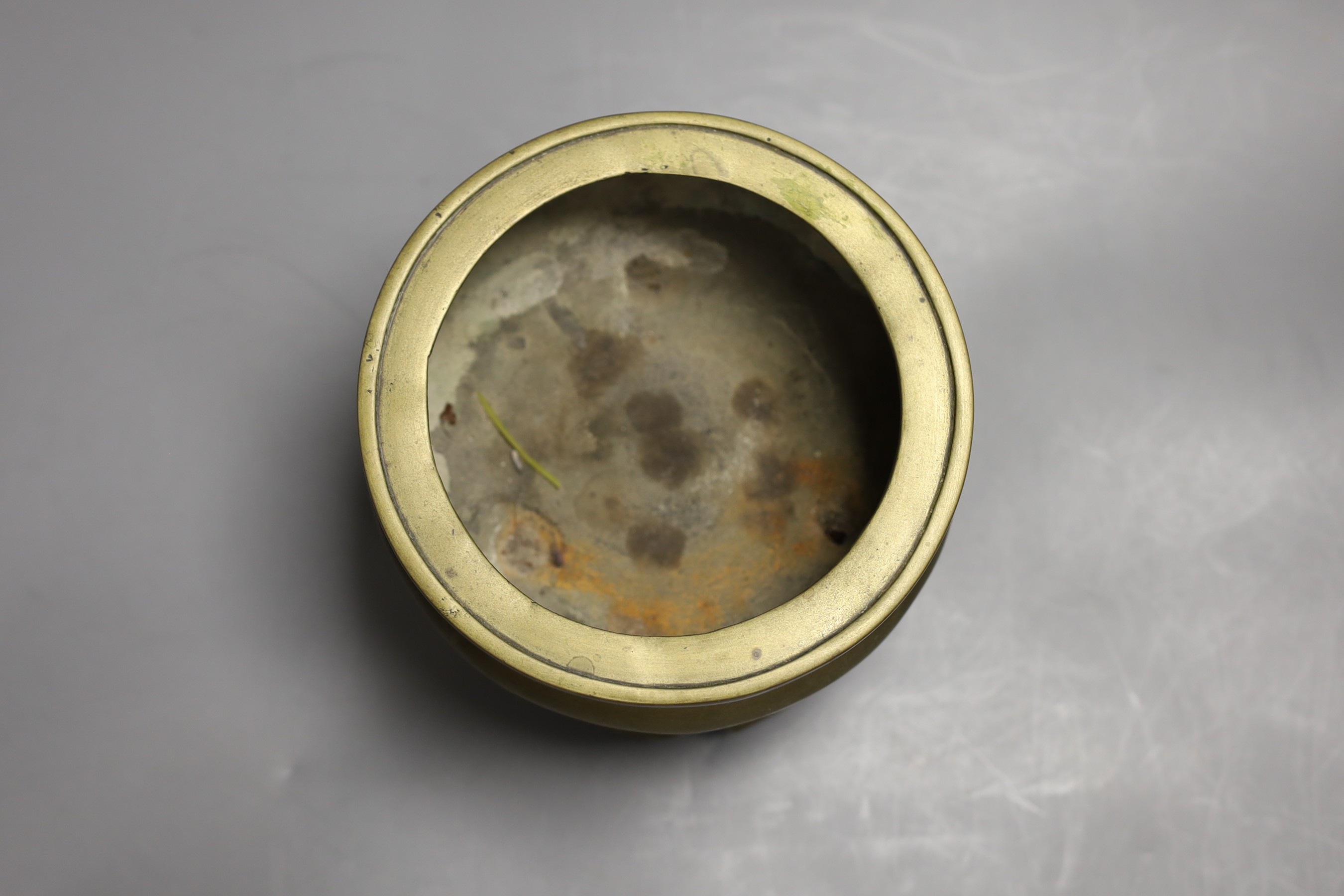 A Chinese bronze censer and stand, 13cm tall including stand